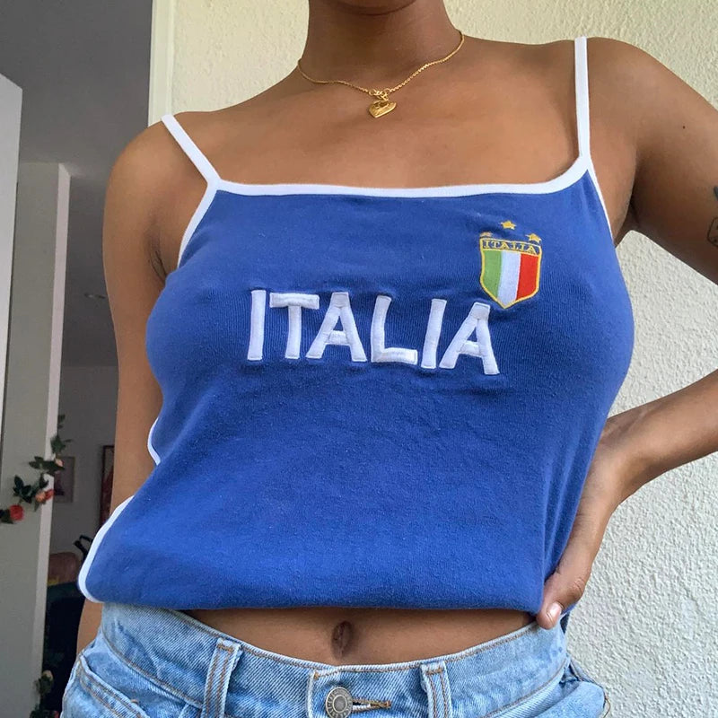 ITALIA Embroidery Sleeveless Crop Top Blue Sexy Basic Patchwork Summer Casual Camis Backless Y2k Vintage Tank Tops Women